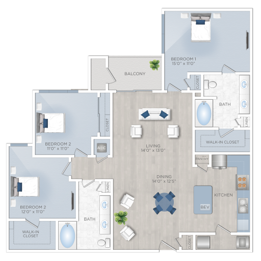 Floor plan for 3 beds, 2 baths, 1403 sqft